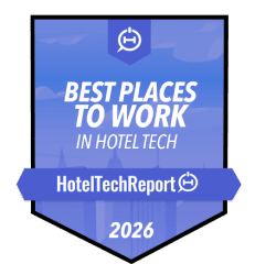 Best Places to Work in Hotel Tech Hotel Tech Awards 2025 badge featuring a blue ribbon and house icon.