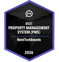 Hexagonal badge with a clock icon and text "Best Property Management System (PMS) Hotel Tech Awards 2025."
