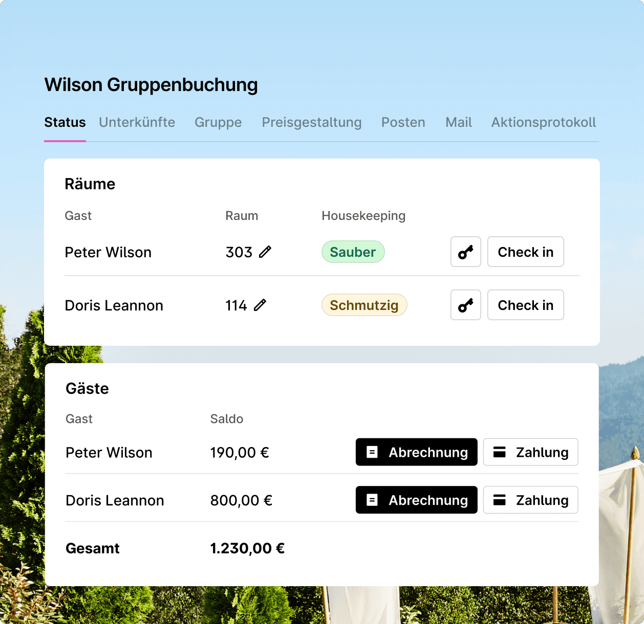 Dashboard für das Hotelmanagement, das den Status des Zimmers, die Sauberkeit und die Details der Abrechnung für Gäste zeigt.