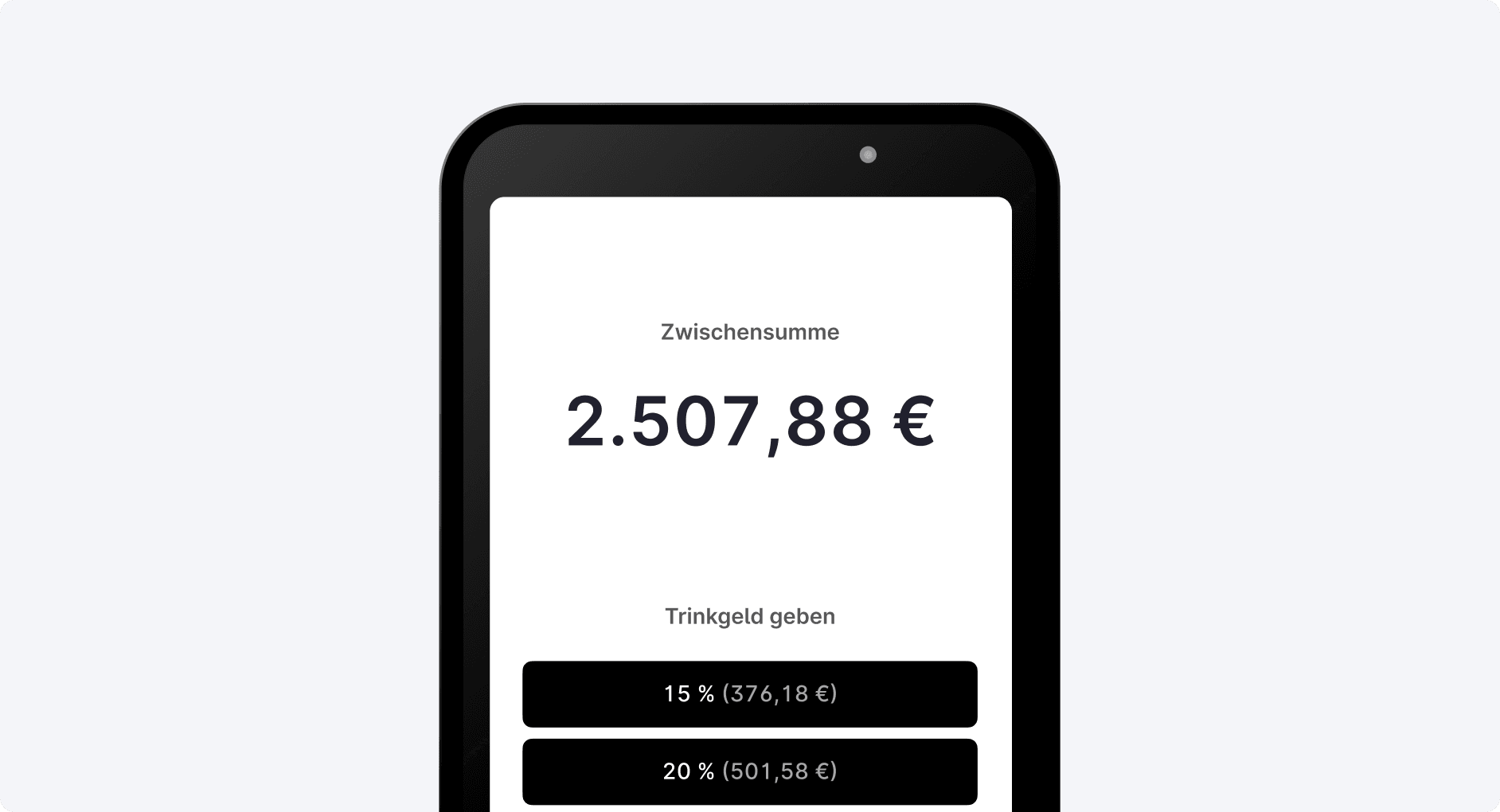 Zwischensumme auf einem Bildschirm für die mobile Zahlung, mit der Möglichkeit, ein Trinkgeld von 15% oder 20% hinzuzufügen.