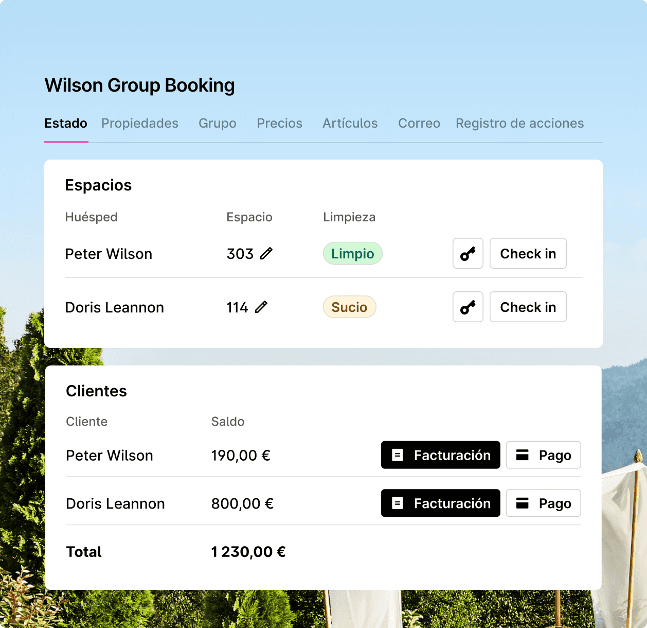 Dashboard de gestión hotelera que muestra el estado de la habitación, la limpieza y los datos de facturación de los huéspedes.