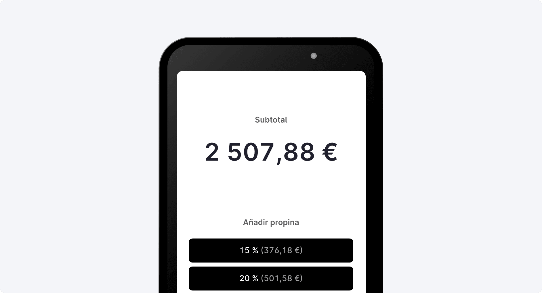 Importe subtotal en una pantalla de pago móvil, con opciones para añadir una propina del 15% o del 20%.