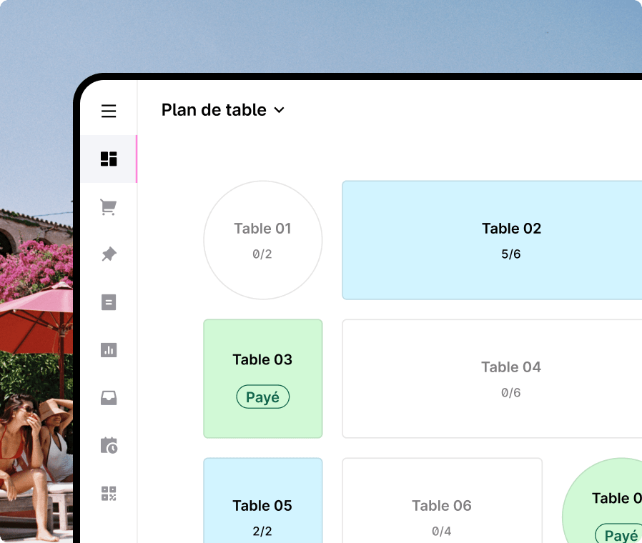 Une interface de point de vente mobile affichant l'état des tables avec des couleurs, des étiquettes et des indicateurs de paiement pour la gestion des restaurants.