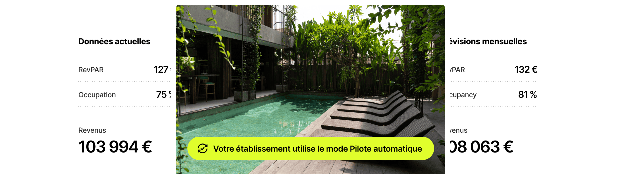 A landscaped backyard with a pool, surrounded by lush plants and outdoor seating, under a modern building.