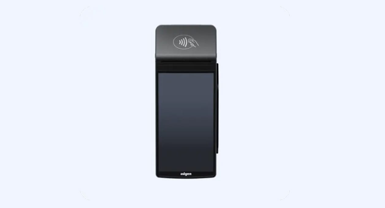Mews Terminal S 1 with 5-inch touchscreen display and contactless payment icon at the top.