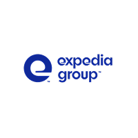Het logo van de Expedia Group met een kleine letter "e" in blauw en de naam van het bedrijf ernaast.