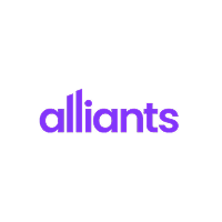 Alliants logo met zwarte cirkelachtergrond en paarse kleine letters.