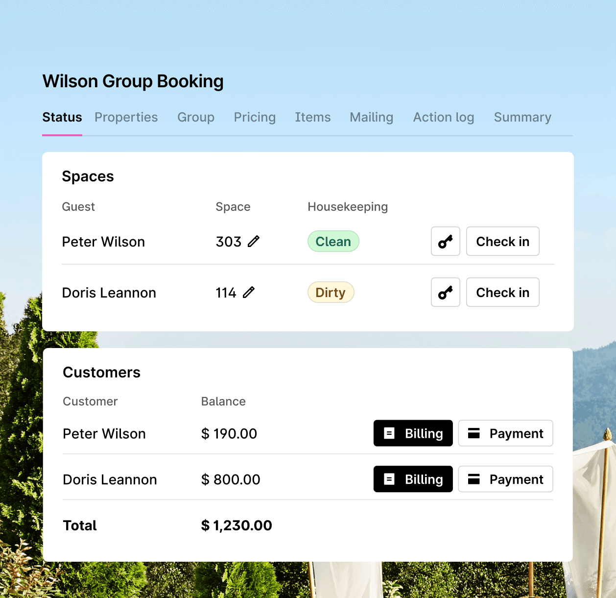 Hotel management dashboard showing room status, cleanliness, and billing details for guests.