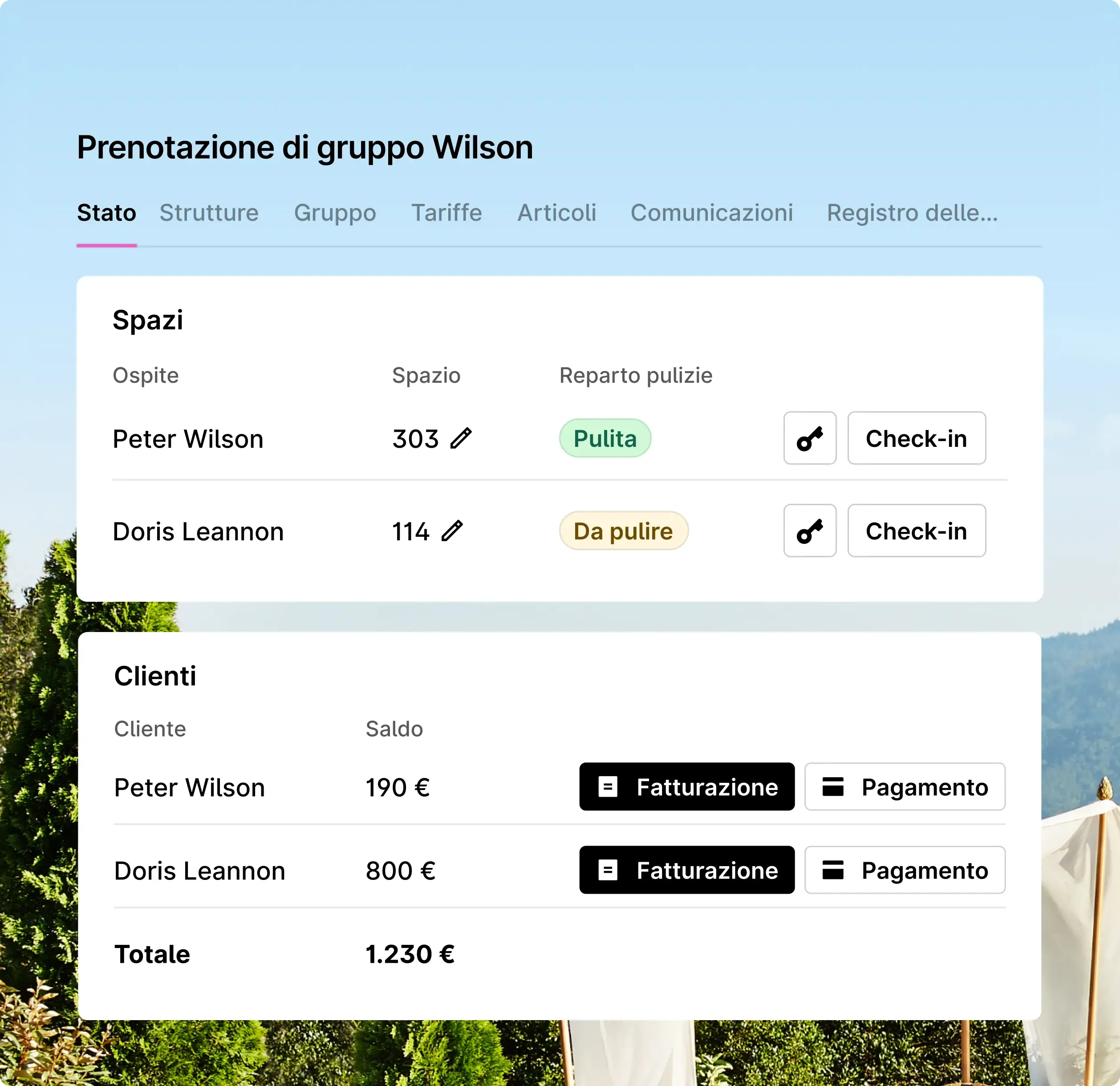 Hotel management dashboard showing room status, cleanliness, and billing details for guests.
