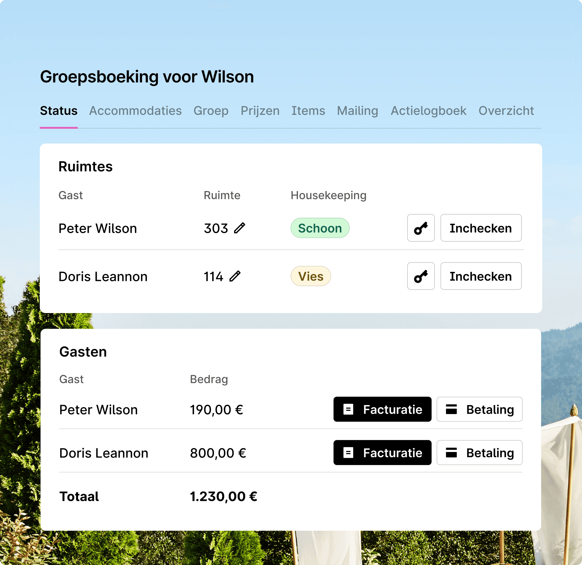 Dashboard voor hotelmanagement met de status van de kamer, netheid en facturering voor gasten.
