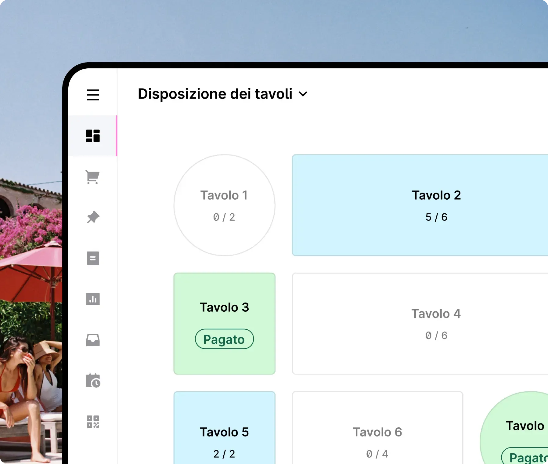 A mobile POS interface displaying table statuses with colors, labels, and payment indicators for restaurant management.