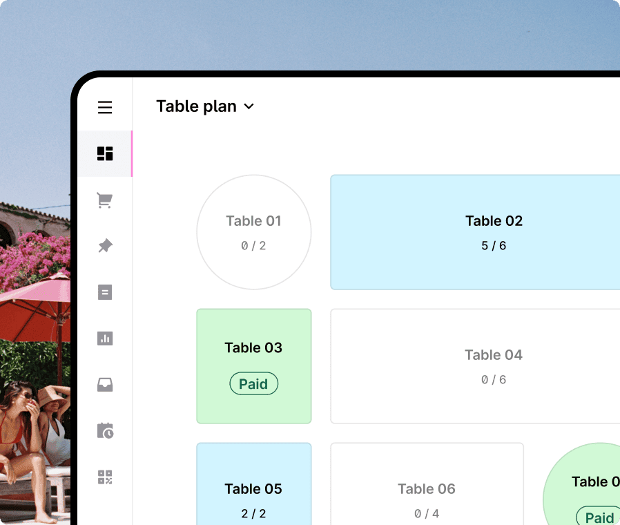 A mobile POS interface displaying table statuses with colors, labels, and payment indicators for restaurant management.