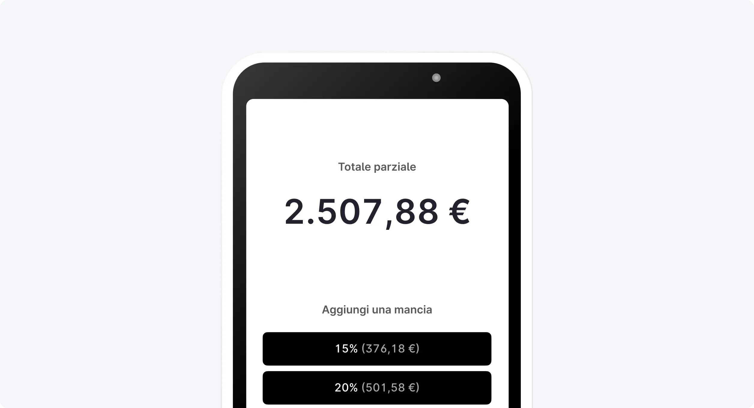 Subtotal amount on a mobile payment screen, with options to add a tip of 15% or 20%.