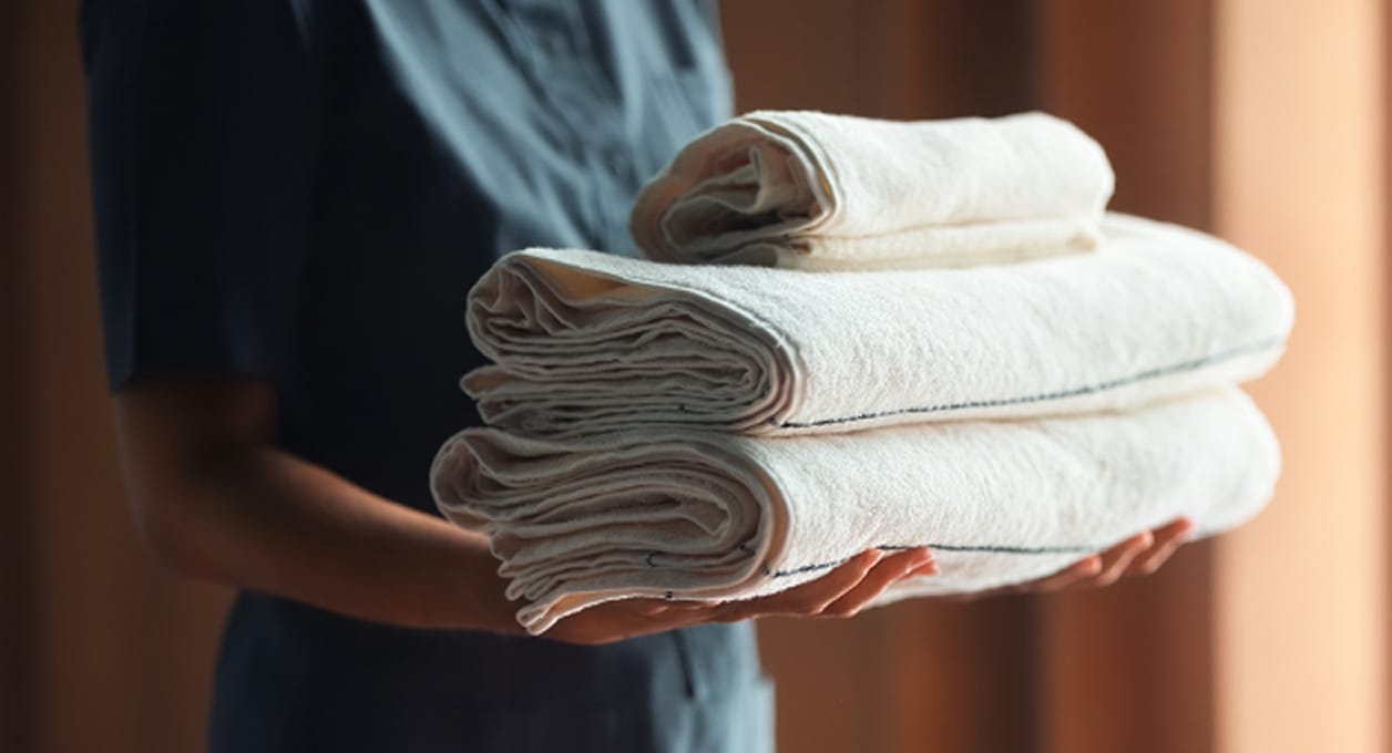 Person holding neatly folded white towels and linens.