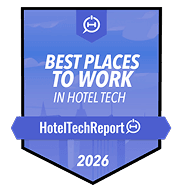 "Digital badge with 'Best Places to Work in Hotel Tech 2025/2026' and HotelTechReport.com logo on a blue background."
