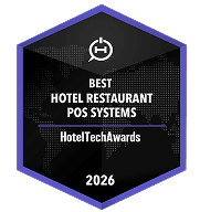 Hexagonal badge with "Best Hotel Restaurant POS Systems 2026" and a meeting table icon, black background with purple border.
