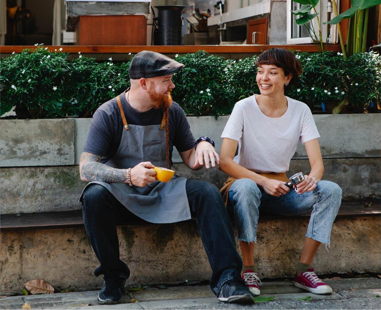 Hotel employees drinking coffee