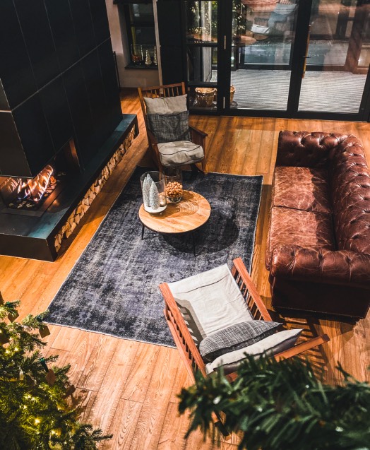 Hotel lobby with a fireplace